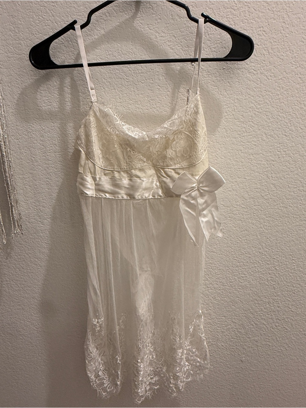 Women's Sheer Lace Chemise Nightgown with Bow - White